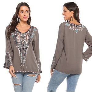 AK Ethnic Embroidered Festive Boho Flare Sleeve Top | Sz M